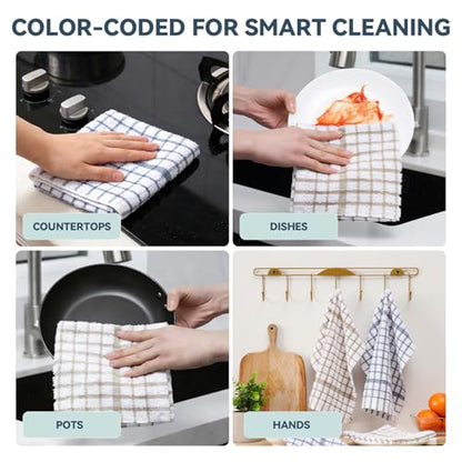 Egles 16 Pack Kitchen Dishcloths, 100% Cotton Dish Cloths, 12 x 12 Inch | Terry Dish Towel Set with Hanging Loop; Soft, Absorbent, Quick Drying and Reusable Grid Dishrag - color: Grey & Khaki, size: 12"x12" - 16 pcs