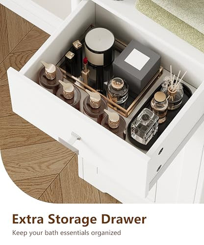Akxomel 67" H Narrow Tall Bathroom Cabinet with 2 Doors and Storage Drawer | Floor Cabinet with Adjustable Shelves, Anti-Tip Design, 11.0 x 12.6 x 66.9 Inches, for Bathroom, Kitchen，Entryway, White