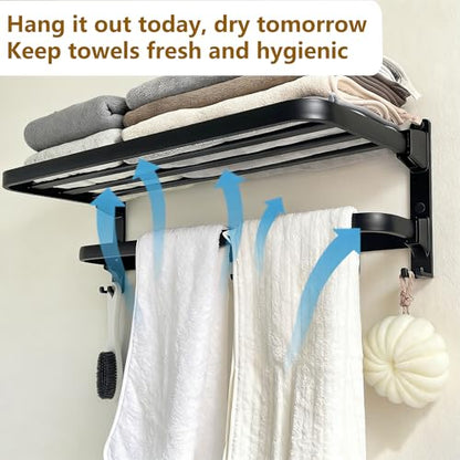 24in Towel Racks Shelf for Bathroom Wall Mounted Organizer for Hotel,Black | Double Space Saving Foldable Rustproof Painted Aluminum L-Shape Modern - size: 1 Tier