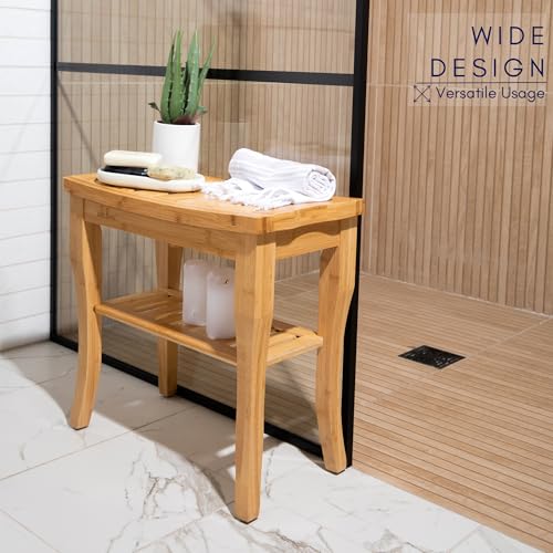 Shower Bench – Waterproof Wooden Spa Seat with Storage Shelf for Bathroom, Sauna & Entryway – Eco-Friendly Bath Stool Available in 3 Sizes - size: 19"