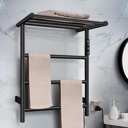 Towel Warmer Wall Mounted with 3 Electric Stainless Steel Heated Bars, Hot Towel Rack for Bathroom, Plug-in BathTowel Heater with Built-in Timer, Matte Black