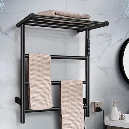Towel Warmer Wall Mounted with 3 Electric Stainless Steel Heated Bars, Hot Towel Rack for Bathroom, Plug-in BathTowel Heater with Built-in Timer, Matte Black
