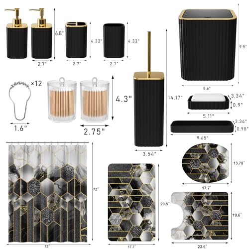 XLHOMO Bathroom Set - 26PC Bathroom Set with Shower Curtain and Rugs, Bathroom Accessory Set, Black Bathroom Accessories Set, Trash Can & Soap Dispenser - style: Black&Gold