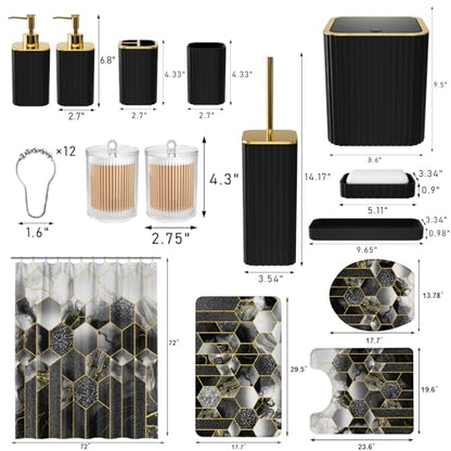 XLHOMO Bathroom Set - 26PC Bathroom Set with Shower Curtain and Rugs, Bathroom Accessory Set, Black Bathroom Accessories Set, Trash Can & Soap Dispenser - style: Black&Gold