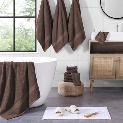 SNOWDROP 12 PC Bath Towel Set - Large Microfiber Towels for Body, Shower, Face, Hotel, Gym - 4 Extra Large, 4 Hand, 4 Wash Cloths - Chocolate