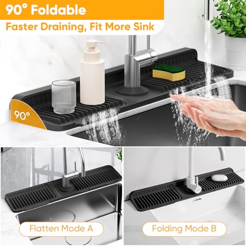 24'' Longer Faucet Mat for Kitchen Sink Splash Guard[7° Slope Fast Self-draining][Snap Lock Fit]Kitchen Sink Faucet Mat Splash Guard Kitchen Sink Area Water Splash Guard Behind Faucet Draining Mat - color: Black, size: 24" x 5.5"