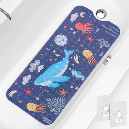 PRATIQUE Kids Bath Mat for Tub Non Slip，40 X 16 Inch Extra Long Kids Bathtub Mat Ocean Bathtub Shower Mat Safety Anti Slip with Suction Cups and Drain Holes, Machine Washable(Dark Bule Whale) - color: Bule