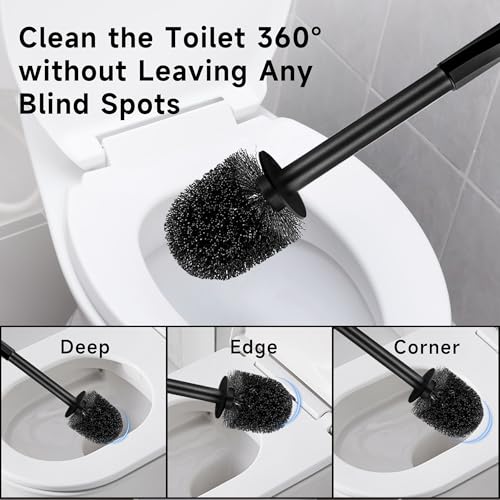 Toilet Brush and Holder Set, 2 Pack Toilet Bowl Brush with Long Non-Slip Handle, Deep Toilet Cleaner Brush, Toilet Scrubber, Black