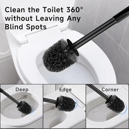 Toilet Brush and Holder Set, 2 Pack Toilet Bowl Brush with Long Non-Slip Handle, Deep Toilet Cleaner Brush, Toilet Scrubber, Black