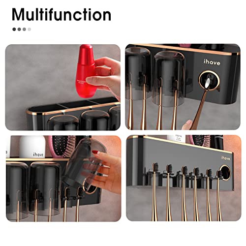 iHave Toothbrush Holders for Bathrooms Wall Mounted with Dispenser & 3 Cups | 9 Slots Wall Mount Toothbrush Holders for Bathrooms with Squeeze Toothpaste Dispenser, 3 Cups & 3 Compartments Organizer - color: Black 3 Cups