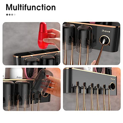iHave Toothbrush Holders for Bathrooms Wall Mounted with Dispenser & 3 Cups | 9 Slots Wall Mount Toothbrush Holders for Bathrooms with Squeeze Toothpaste Dispenser, 3 Cups & 3 Compartments Organizer - color: Black 3 Cups