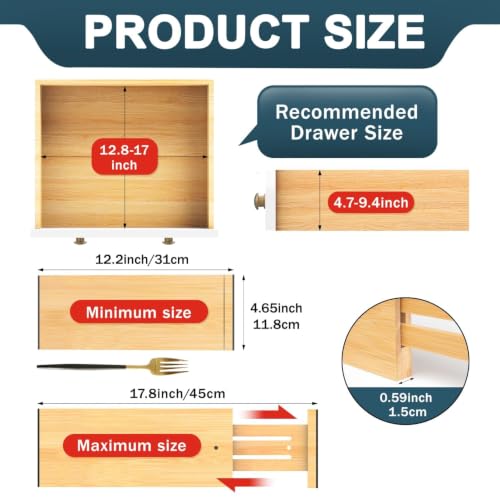 Lzerking Bamboo Drawer Dividers 4.65" High, Adjustable Dresser Drawer Organizers, 12-17.5" Expandable Deep Kitchen Drawer Divider for Dresser, Closet, Kitchen, Bedroom, Bathroom, 6 Pack