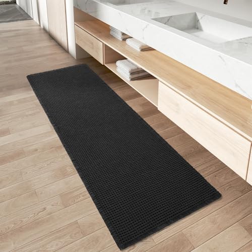 AMOAMI Upgraded Waffle Runner Rug, Super Absorbent Non Slip Bath Mats for Bathroom Floor, Washable Bathroom Runner Rug with Tassels, Ideal for Hallway Bedroom Laundry Room, Black, 2'x 5'(24" x 60") - color: Black, size: 2' x 5' (Runner)