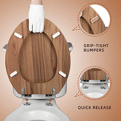 Elongated Toilet Seat Molded Wood Toilet Seat with Quietly Close and Quick Release Hinges, Easy to Install also Easy to Clean by Angol Shiold (Elongated, Natural) - color: Natural, size: Soft Close Hinge