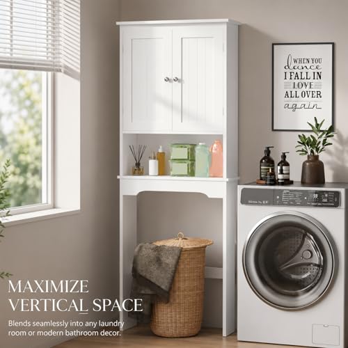 66" H White Bathroom Cabinet Over Toilet with Doors; Adjustable Shelf Bathroom Organizer Unit Featuring Freestanding MDF Wood Over the Toilet Cabinet Frame for Restroom (A) - color: A
