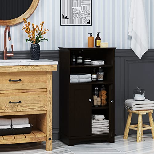 Spirich Small Bathroom Storage Cabinet with Doors & Open Shelves, Espresso | Adjustable Shelf, Anti-Tip Device, 19.69"W x 11.81"D x 36.42"H, Perfect for Bathroom, Entryway, Living Room & Dining Room - size: 36.42'' Tall