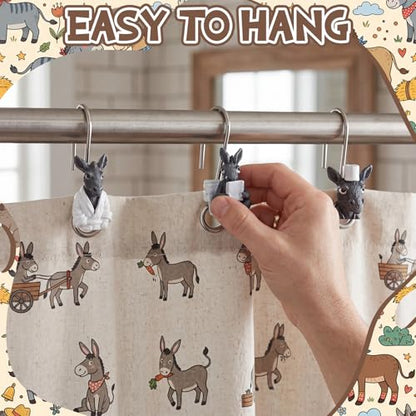 Roowest 12 Pcs Donkey Shower Curtain Hooks, Stainless Steel Farmhouse | Rust Resistant Shower Curtain Hangers, Western Rustic Bathroom Decor, Resin Donkey Head with White Scarf Winter Style - style: Donkey