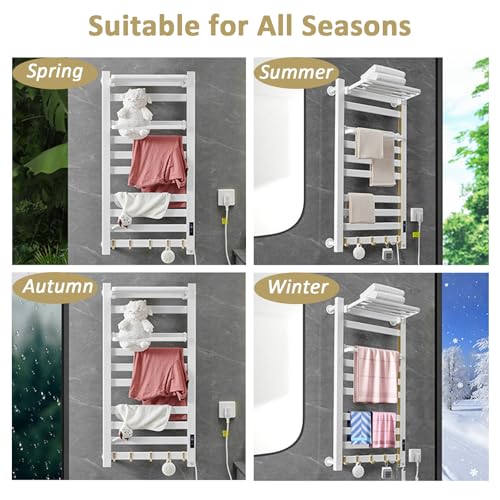 Towel Warmer Rack, Space Aluminum Electric Heated Towel Racks for Bathroom, 4 Bars Wall Mounted Bath Towel Heater with Built-in Timer&Temperature Adjustment, Plug-in, White&Gold - color: White&gold