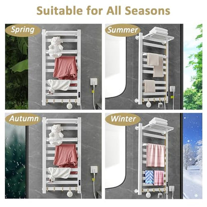 Towel Warmer Rack, Space Aluminum Electric Heated Towel Racks for Bathroom, 4 Bars Wall Mounted Bath Towel Heater with Built-in Timer&Temperature Adjustment, Plug-in, White&Gold - color: White&gold