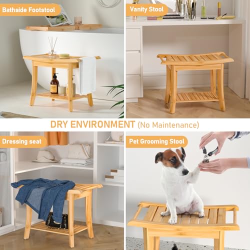 Small Bamboo Shower Bench, Non-Slip Bathroom Chair, Tub Side Bath Stool | Waterproof Spa Bench for Inside Shower, Storage Shelf & Safety Handle Design, Ideal for Elderly, Supports 300 lbs, Nature - size: 24 x 13.4 x 18.5 inches+Beige