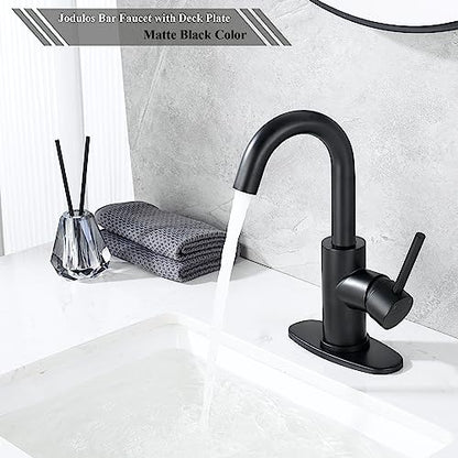 Black Bar Faucet Single Hole, Jodulos Black Matte Bar Sink Faucet with Deck Plate and Supply Lines, Stainless Steel Single Handle Wet Bar Sink Faucet, Matte Black Bathroom Faucet JU1100-BK - color: Matte Black