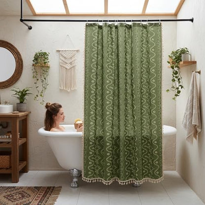 Olive Green Floral Linen Shower Curtain Set with Liner,72" Wx72 L | Double Layer Shower Curtain Waterproof Fabric with Zippered Removable PEVA Liner,Boho Shower Curtain for Bathroom,Free Hooks - color: Green Floral