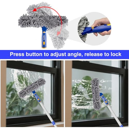 Window Squeegee with 75" Extension Pole, ITTAR Rubber Water Wiper for Glass | Durable Stainless Steel Rod, Rotatable Head for Window Edge, Chenille & Microfiber Pad, Squeegee for Variety Cleaning Needs - color: Blue&white-4