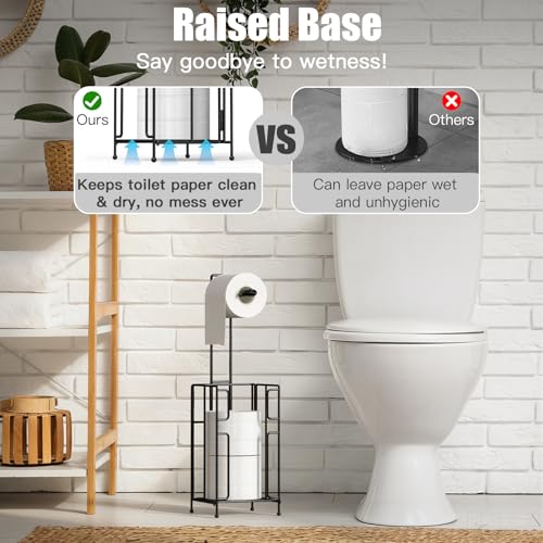 Toilet Paper Holder Stand with Storage, Free Standing Paper Roll Dispenser for 4 Mega Rolls, Space-Saving Bathroom Organizer, Easy Assembly & Stable