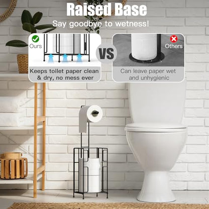 Toilet Paper Holder Stand with Storage, Free Standing Paper Roll Dispenser for 4 Mega Rolls, Space-Saving Bathroom Organizer, Easy Assembly & Stable