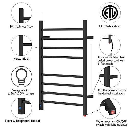 HEATGENE 8-Bar Square Towel Warmer, Heated Towel Rack, Timer, Matte Black | 8 Square Bars With Timer And Temperature Control, 304 Stainless Steel Construction, Plug-In Or Hardwired Installation - color: Matte Black