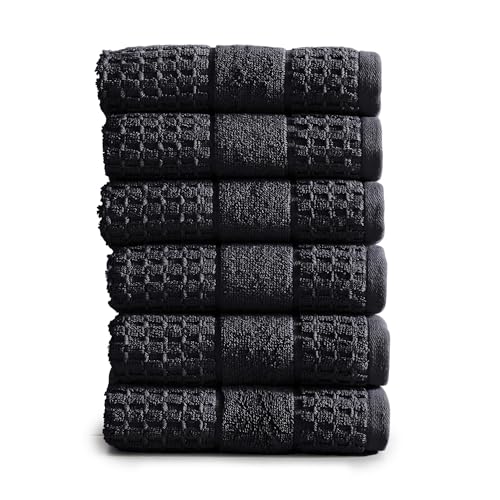 Market & Place 100% Cotton Super Soft Luxury Hand Towel Set | Quick-Dry and Highly Absorbent | Waffle Textured | 550 GSM | Includes 6 Hand Towels | Harper Collection (Black) - color: Black, size: Hand Towel (6-Pack)