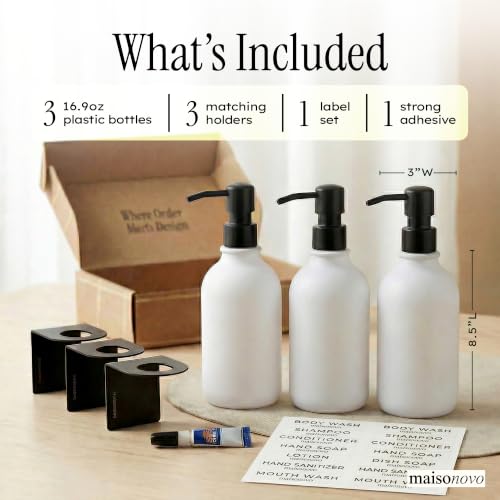 MaisoNovo Shampoo and Conditioner Dispenser|Refillable White Black Set of 3 | No Drill Wall Mount - Shower Soap Dispenser · Holds Body Wash or Hand Soap · Wall Soap Dispenser - color: White Black Set of 3