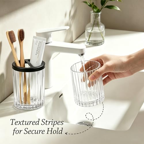 8oz Toothbrush Holders for Bathrooms, Clear Striped Toothbrush Cup, Clear | Bathroom Tumbler and Mouthwash Cup with Black Divider, Tooth Brush and Toothpaste Organizer for Countertop - color: Clear