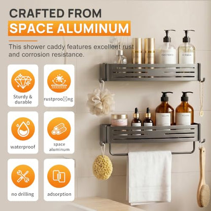 Gun Grey Adhesive Square Shower Caddy with Towel Bar, Soap Dish and Hooks | No-drill gun grey shower basket with towel bar, soap dish and hooks for smooth tile, glass and stainless steel bathroom walls - color: grey gun