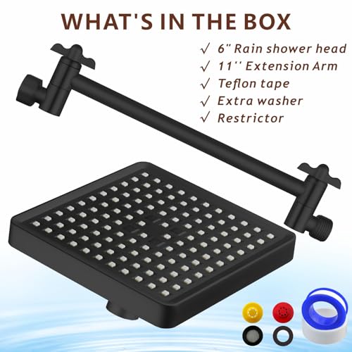 High Pressure Rain Shower Head with 11'' Extension Arm - High Flow Rainfall Showerhead - Luxury Modern Look - Pressure Boosting (Square, Brushed Nickel) - color: Matte Black, style: 6" Square