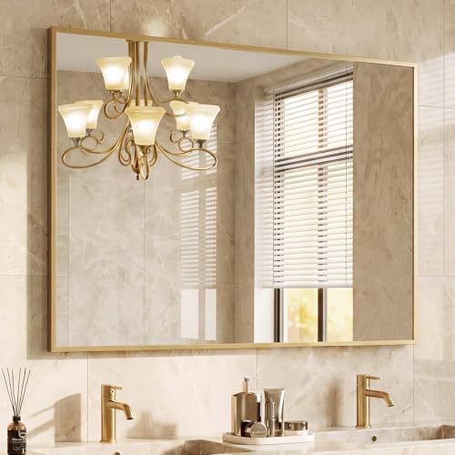 NEWBULIG Bathroom Wall Mirror, Vanity Mirror, 30x40 Inch | Rectangle Metal Frame, Tempered Glass, Over Sink Entryway, Living Room Hang, Horizontal or Vertical, Gold - color: Gold-rec, size: 30"L x 40"W