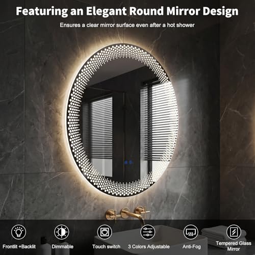 31.5" Round LED Bathroom Mirror with Anti-Fog & Touch Switch - Wall-Mounted Makeup Vanity Mirror, No Drilling Required, Smart Display (31.5") - size: 31.5"L x 31.5"W