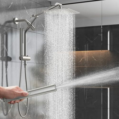 Veken 10" Luxurious Brushed Nickel All Metal Rain Shower Head with Handheld Spray Combo, High Pressure Rainfall Square Shower Heads with Extension Arm, Wide Dual Showerhead, Bathroom Accessories - color: Brushed Nickel
