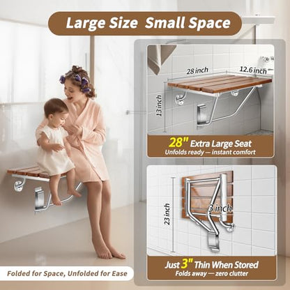 𝙐𝙥𝙜𝙧𝙖𝙙𝙚 28 Inch Folding Shower Seat Wall Mounted, Teak Wood Shower Seat with Stainless Steel Bracket & Finish Cap, 550lb Capacity, for Elderly, Disabled, Pregnant Women, Kids - size: 28 inches seat