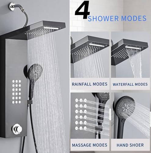 Shower Panel Tower System,Rain Shower Head Rainfall | Waterfall Shower,Handheld High Pressure Rain Massage System(Black) - color: Black, style: Normal