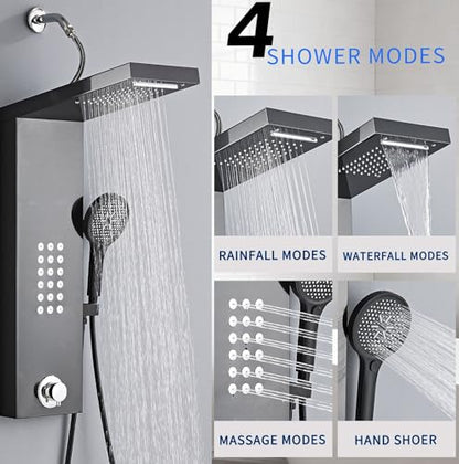 Shower Panel Tower System,Rain Shower Head Rainfall | Waterfall Shower,Handheld High Pressure Rain Massage System(Black) - color: Black, style: Normal