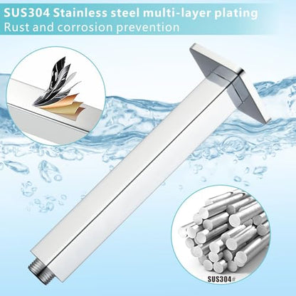 Ceiling Mounted Shower Arm with Flange, Universal Connection 1/2 NPT Straight, Made of Thicken Stainless Steel, Square Extension Arm for Fixed Rain Shower Head(16 Inch, Chrome) - color: Chrome, style: 16 Inch