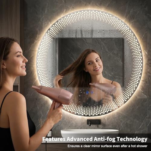 23.62" Round LED Bathroom Mirror with Anti-Fog & Touch Switch - Wall-Mounted Makeup Vanity Mirror, No Drilling Required, Smart Display (23.62") - size: 23.6"L x 23.6"W