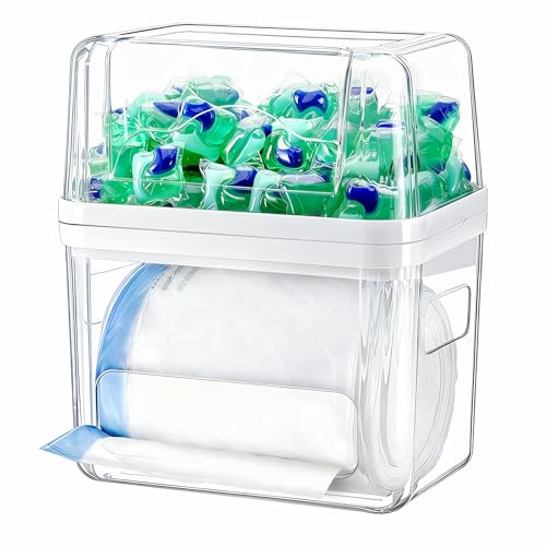 iCASA Trash Bag Dispenser Dishwasher Pods Container Under Sink Organizer | 3 in 1 Stackable Trash Bag Holder Garbage Bag Dispenser for 13/30/33 Gallon Bags, Clear Storage Bins Laundry Pods Container