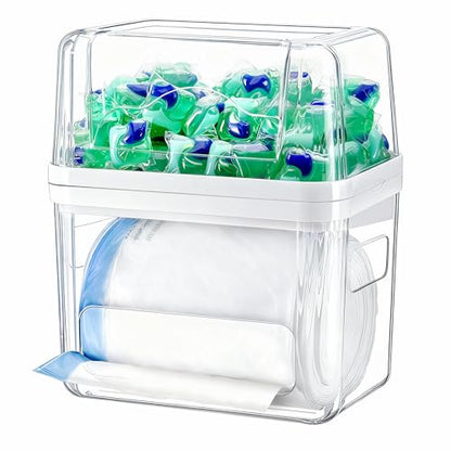 iCASA Trash Bag Dispenser Dishwasher Pods Container Under Sink Organizer | 3 in 1 Stackable Trash Bag Holder Garbage Bag Dispenser for 13/30/33 Gallon Bags, Clear Storage Bins Laundry Pods Container
