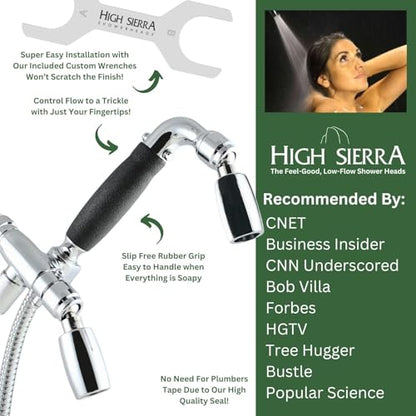 High Sierra® - Solid Lead-Free Metal 4-Way Combo CLASSIC™ Fixed and Handheld Shower Head with Hose. Run Separately or Both at Full Flow - 1.5 GPM per Shower Head - Brushed Gold Finish - color: Brushed Gold w/ Nylon Insert, size: 1.5 GPM