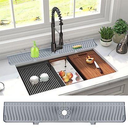 Derlights 30 inch Sink Splash Guard Mat,Silicone Faucet Handle Drip Catcher Tray, Longer Silicone Sink Mat for KitchenBathroom, Drip Protector Splash Countertop (gray) - size: 30 inch