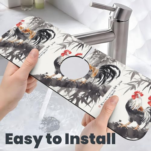 Ink Wash Two Chickens 15x5.5 Inch Diatomite Faucet Mat - Absorbent Sink Splash Guard For Kitchen & Bathroom, Fast-Dry Sink Drying Mat With Non-Slip Backing