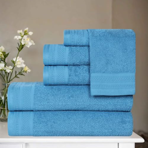 BLUENILEMILLS Honeycomb 500GSM, Textured Waffle Border, Highly Absorbent and Soft, Cotton Light to Medium Weight 6 Piece Towel Set, Azure - color: Azure, size: 6 PC Towel Set