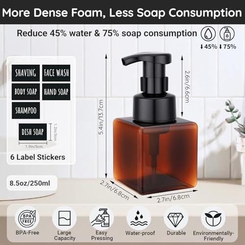 Segbeauty 8.5oz Foam Amber Soap Dispenser Set, 2pcs Refillable Foaming Shampoo Bottle with Pump, 250ml Square Bathroom Body Wash Bottles Foamer with Labels, Small Plastic Liquid Soap Dispenser Kitchen - color: Amber, style: 2pcs 8.5oz